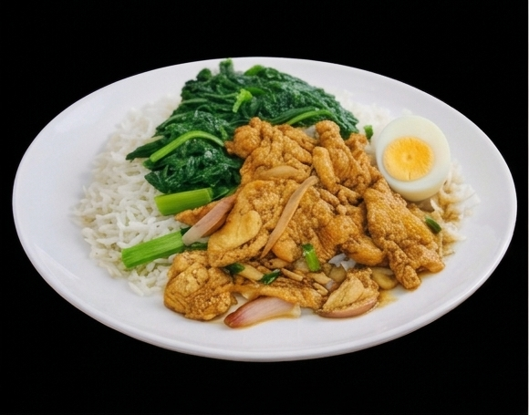 Plat du mardi : riz, bouillon de brèdes, sauté de poulet